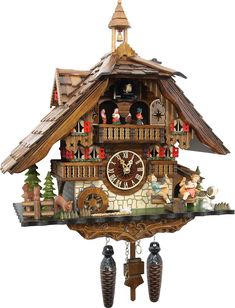 PRICES MAY VARY. Let yourself be enchanted by our large Seesaw Mill Chalet . It is full of figures and offers many interesting scenes to discover. The colourful dancing figures in the upper part are worked in great detail and turn when the music is played (hourly). At the same time the mill wheel rotates. The two hand-painted children's figures also bounce up and down every hour on their seesaw after the cuckoo has called. The clock alternately plays 12 different melodies. Two lovely St. Bernhar German Cuckoo Clock, Forest Clock, Dancing Figures, Chalet Style, Wood Shingles, Art Deco Mirror, Clock Shop, Antique Clock, Water Wheel