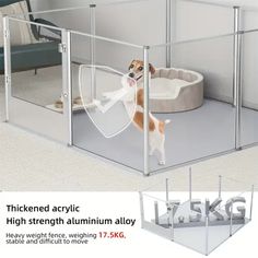 an image of a dog in a cage with its mouth open and the words thickened acrylic high strength aluminum allow