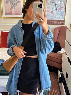 Outfits With Jean Button Up Shirt, Mid Size Graduation Outfit, Saturday Farmers Market Outfit, Black Skirt Outfit Spring Casual, Petite Midsize Fall Outfits, Vintage Jean Shirt Outfit, Mountain Weekend Outfit Summer, Philly Outfits Spring, Casual Bridal Shower Outfit For Bride Jeans