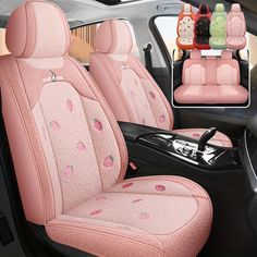 the interior of a car with pink seat covers and strawberry design on it's front seats