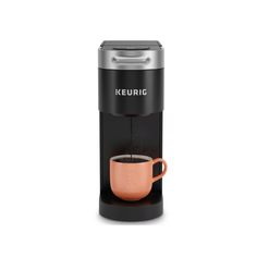 keurig single serve coffee maker in black and orange with an orange cup on the side