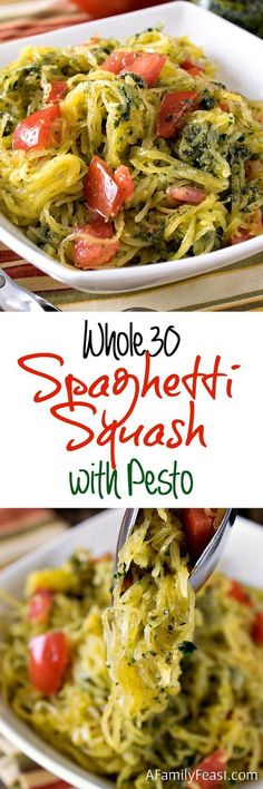 spaghetti with pesto and tomatoes is being lifted from a white plate by a fork