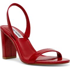 "Find STEVE MADDEN Emilie Slingback Sandal on Editorialist. A classic round toe and wrapped block heel balance a minimalist sandal fashioned with an elasticized slingback strap for a secure fit. 3 1/2\" heel Elasticized slingback strap Leather upper/synthetic lining and sole Imported" Fuzzy Crocs, Strappy High Heels, Red High Heels, Heeled Sandal, Red Heels, Red High, Boots And Sneakers, Slingback Sandal, Sandal Fashion