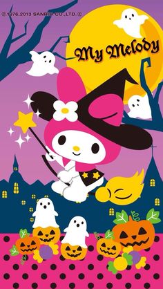 a cartoon character is holding a broom in front of some pumpkins and ghost's