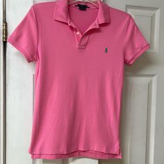 Nwt - Never Worn Preppy Pink Collared Top, Basic Pink Summer Shirt, Pink Fitted Short Sleeve Shirt, Ralph Lauren Pink Spring Top, Ralph Lauren Pink Top For Spring, Preppy Fitted Pink Top, Ralph Lauren Preppy Short Sleeve Top, Pink Ralph Lauren Cotton Tops, Fitted Ralph Lauren Pink Top