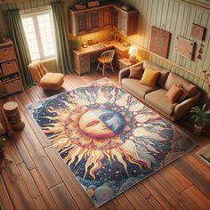 a living room filled with furniture and a sun rug on top of a wooden floor