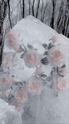 some pink roses are sitting on ice in the woods