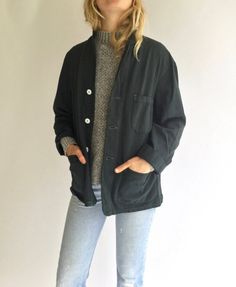 Vintage Black Overdye Chore Coat Blazer Three Patch Pocket Black Chore Jacket, Cali Outfits, French Workwear, Workwear Style, Curvy Petite Fashion, Japan Outfit, Work Coat, Womens Suits Business