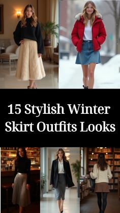 15 Stylish Winter Skirt Outfits Looks Skater Skirt And Sweater Outfit, How To Style Skirt In Winter, Skirts With Oversized Sweaters, Light Blue Skirt Outfit Winter, How To Wear Long Skirts In Winter, Brunette Winter Outfit, Long Plaid Skirt Outfit Winter, Long Skirt Outfits For Winter Classy, Puffer Skirt Outfit Black Women