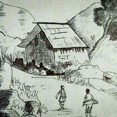 a drawing of two people carrying surfboards in front of a house with a thatched roof