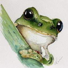 a watercolor painting of a frog resting on a leaf