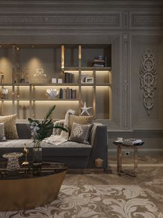 a living room filled with lots of furniture next to a wall mounted bookshelf