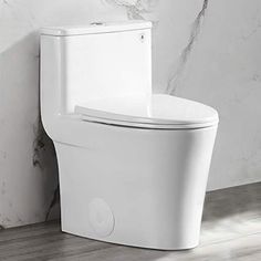 a white toilet sitting on top of a wooden floor next to a bath room wall