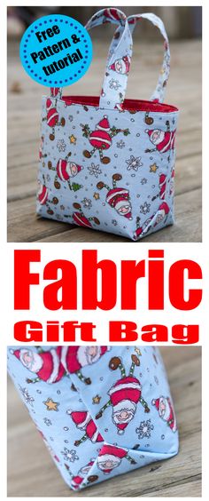 the fabric gift bag is on display with an image of santa's hat and snowflakes