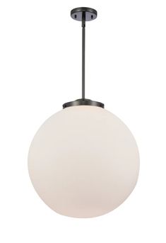 a light fixture with a white glass ball hanging from it's center point, on an isolated metal rod