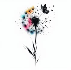 a dandelion with butterflies on it and watercolor paint splatters in the background