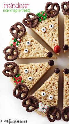 a pizza with pretzels and eyes on it is decorated to look like reindeer rice krispie treats