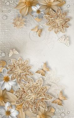 an image of flowers and butterflies on a white background with gold glitters in the middle