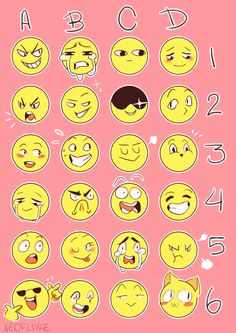 various faces with different expressions and numbers on pink background, all drawn in one line