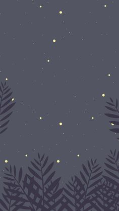 the night sky is filled with stars and small yellow dots as well as green leaves