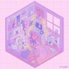 an illustrated drawing of a pink room with teddy bears and other things in the room