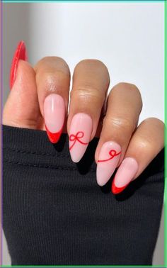 Nail Art Design French Tip, Bow Almond Nails Design, Red Holiday Nails With Bow, Fun Nails January, Red Nails Pink Bow, Trendy Bow Nails, Red And Pink Bow Nails, Non Christmas Nails, Nail Designs Almond Shape Ideas Classy