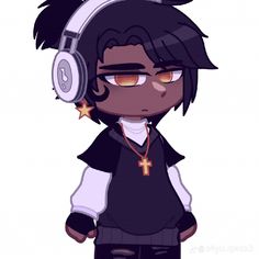 a cartoon character with headphones on, wearing black and white clothes while standing in front of a white background