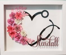 a white frame with pink flowers and stethoscope in the shape of a heart