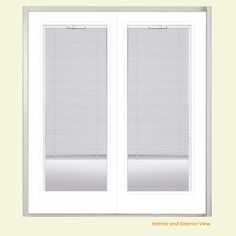 the interior and exterior view of a sliding glass door with blinds on both sides, in white