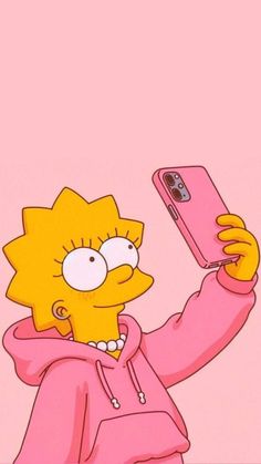 the simpsons is taking a selfie with her cell phone while wearing a pink hoodie