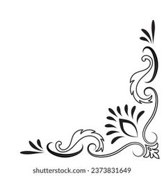 an abstract floral design in black and white with swirls on the edges, leaves and flowers