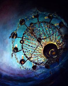 a painting of a ferris wheel with lots of beads on it's sides and the sky in the background