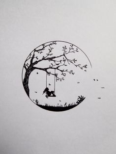 a drawing of a tree with a swing hanging from it's branches