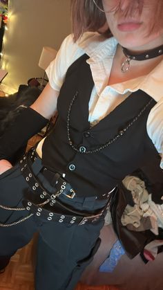 Nonbinary Witch Outfit, Masc Outfits With Corset, Dressy Emo Outfits, Punk Suit Outfit, Alt Suit Outfit, Biker Aesthetic Women, Female Punk Aesthetic, Punk Outfits Nonbinary, Rock Clothing Aesthetic