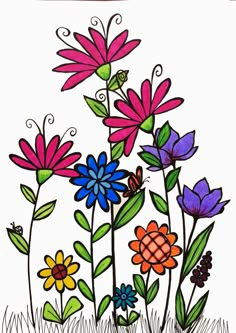 a drawing of colorful flowers in the grass