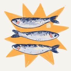 three fish are sitting on top of each other in front of an orange and white background