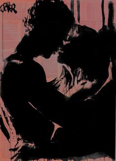 a black and pink painting of a man kissing a woman