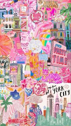 a collage of pink, blue and green cityscapes with the words new york on it