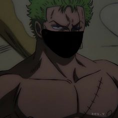 an anime character with green hair wearing a black mask and looking to his left side