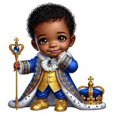 a baby boy dressed in blue and gold with a crown, holding a golden staff