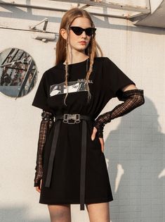 ❤︎Sheer Long Sleeve Buckle Belt Dress T❤︎ T Shirt Dress With Belt, Casual T Shirt Dress, Hell Girl, Webbing Belt, Sheer Long Sleeve, Belt Dress, Punk Rave, Dress With Belt, Buckle Belt