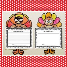 two turkeys with writing paper attached to them on red and white polka dot background