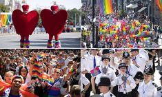 people are walking down the street in rainbow outfits