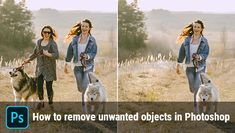 two women walking their dogs in the field with text that reads how to remove unwanted objects in photoshop