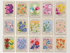 a bunch of cards with flowers on them in different colors and sizes, all showing the names of each flower market