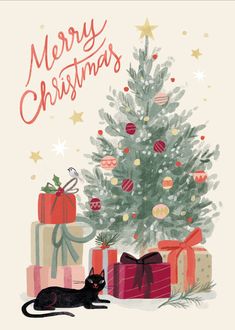 a black cat sitting next to presents under a christmas tree with the words merry christmas written on it