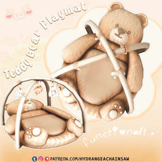 a teddy bear holding a baby's stroller with the words teach playmat on it