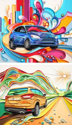 two paintings depicting cars in different colors and shapes, one with an abstract design on it