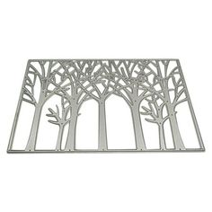 a metal cutting board with trees and birds on the treetops in silver color, isolated against a white background