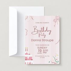 a pink and white birthday party card